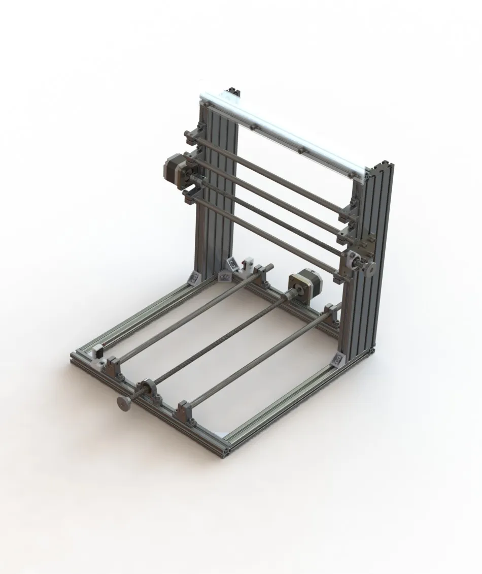2020/2080 T-slot extrusion frame with X and Y axes assembled — X axis linear rods and lead screw span the gantry uprights; Y axis lead screw and rods run front-to-back across the base