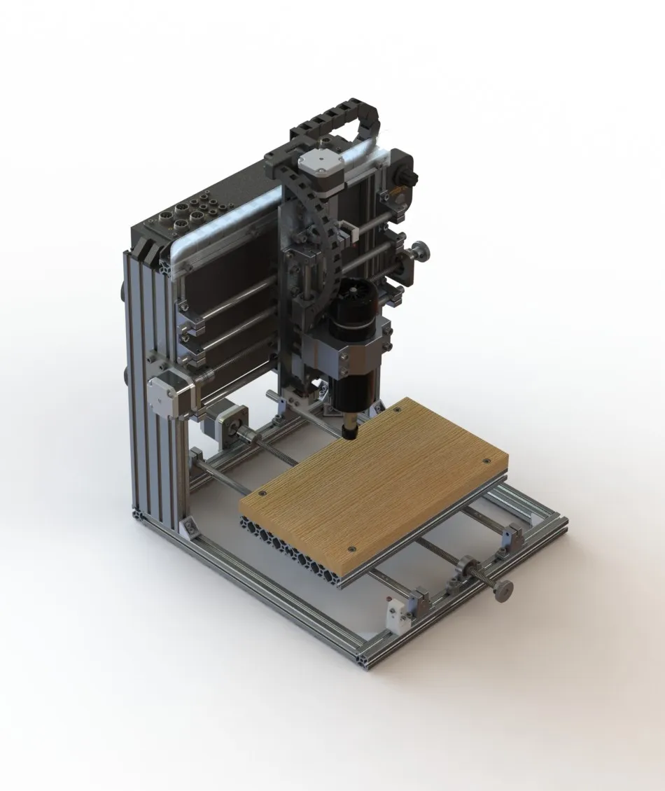Rebuilt 2417 CNC mill — T-slot extrusion frame, 500W brushless spindle, drag chain cable management, and 3-axis GRBL control