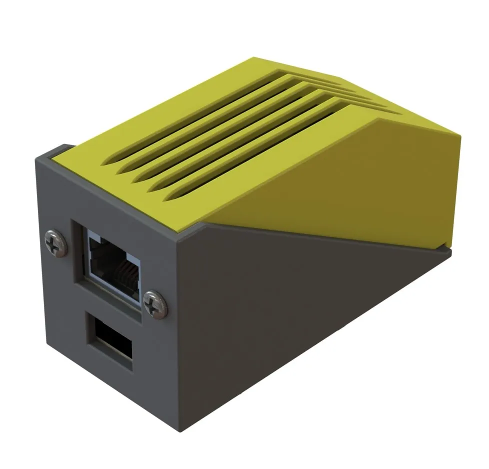 Victron VE.Direct adapter — assembled unit showing RJ45 and USB port with yellow 3D-printed cover