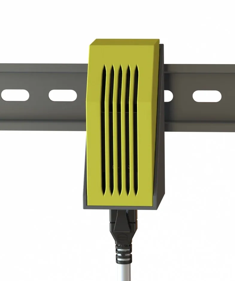 Assembled unit mounted on DIN rail with Ethernet cable connected