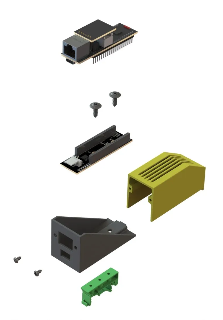 Exploded view showing the full assembly: ESP32-S3-ETH board, interface PCB, screws, yellow cover, dark base with port cutouts, and green DIN rail clip